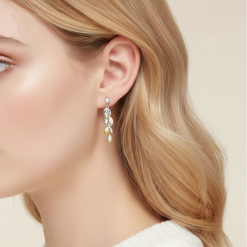 Wheat Leaves Diamond Drop Earrings-Evani Jewelry