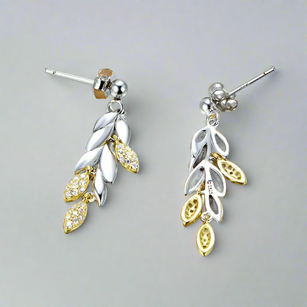 Wheat Leaves Diamond Drop Earrings-Evani Naomi Jewelry
