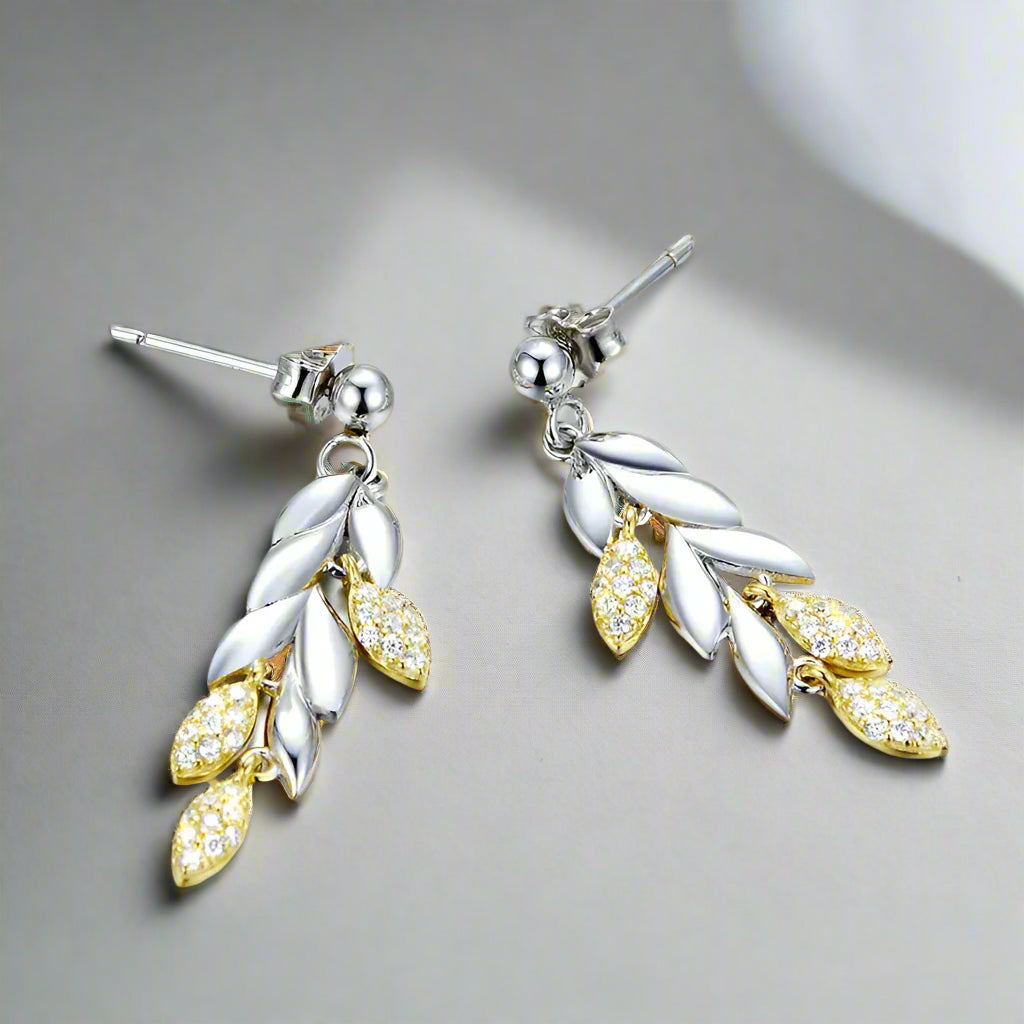Wheat Leaves Diamond Drop Earrings-Evani Naomi Jewelry