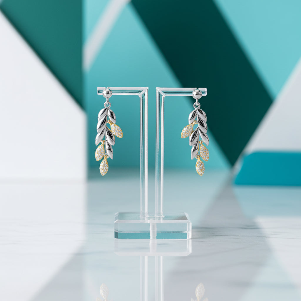 Wheat Leaves Diamond Drop Earrings-Evani Jewelry
