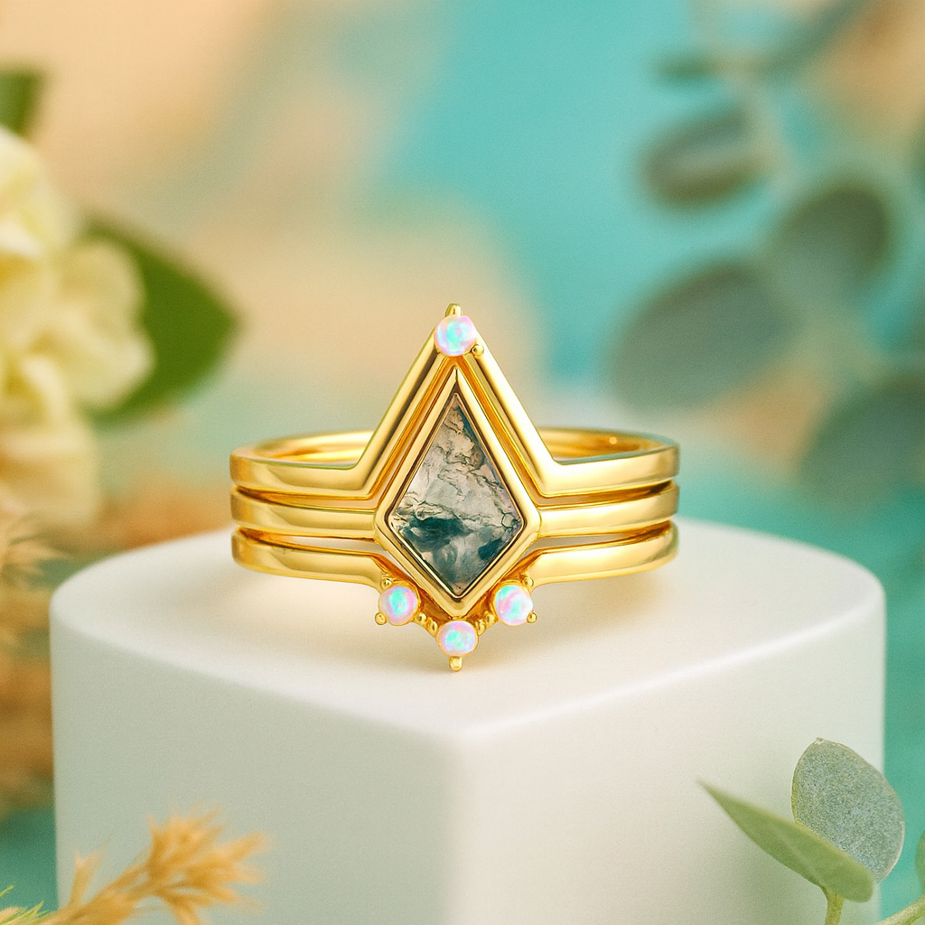 Whispers of Forever – Kite Shape Moss Agate & Opal Crown Promise Ring-Evani Naomi Jewelry