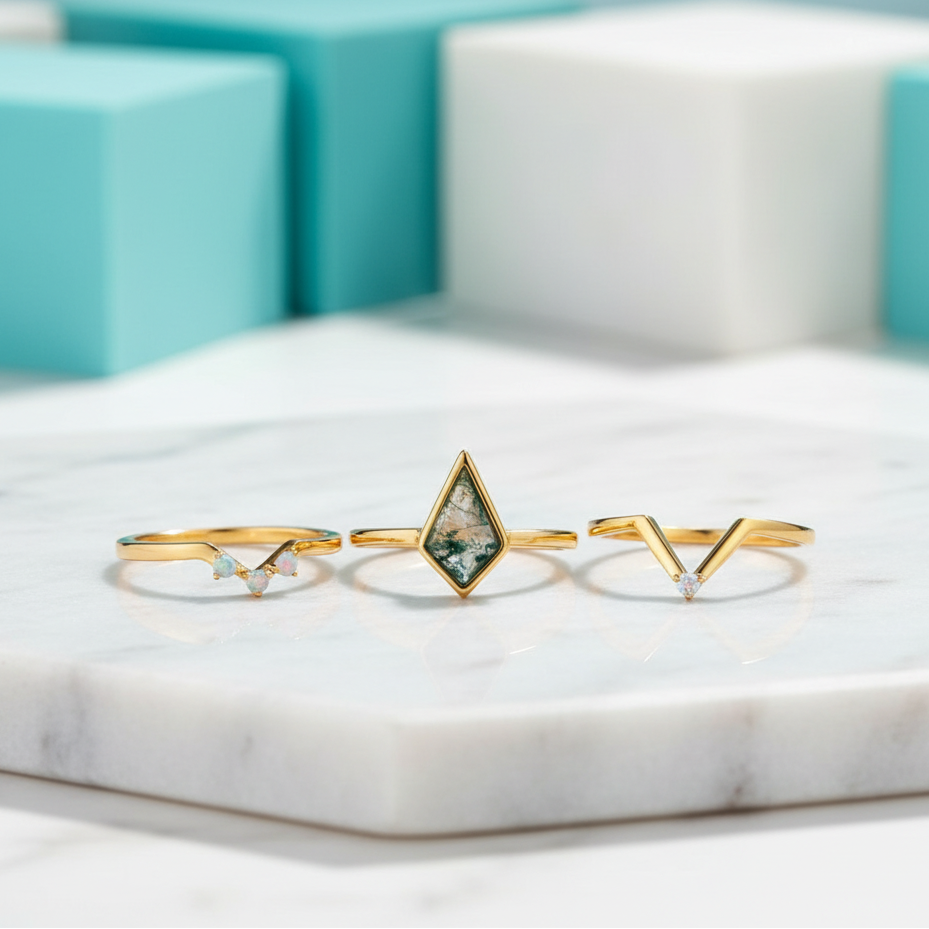 Whispers of Forever – Kite Shape Moss Agate & Opal Crown Promise Ring-Evani Jewelry