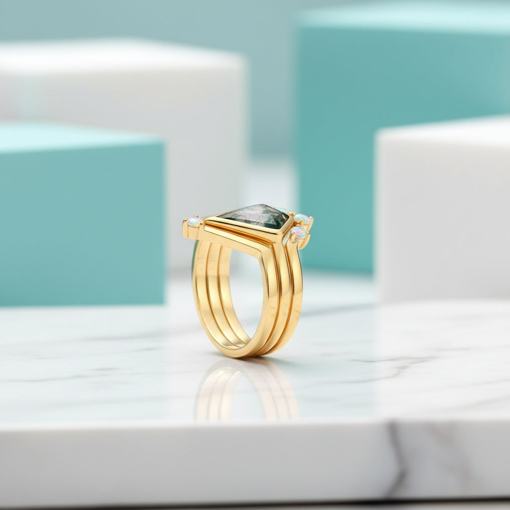 Whispers of Forever – Kite Shape Moss Agate & Opal Crown Promise Ring-Evani Jewelry