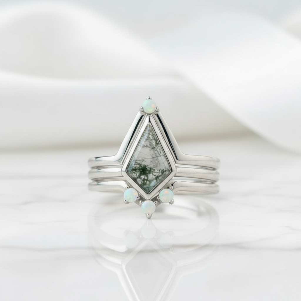 Whispers of Forever – Kite Shape Moss Agate & Opal Crown Promise Ring