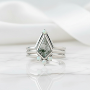 Whispers of Forever – Kite Shape Moss Agate & Opal Crown Promise Ring