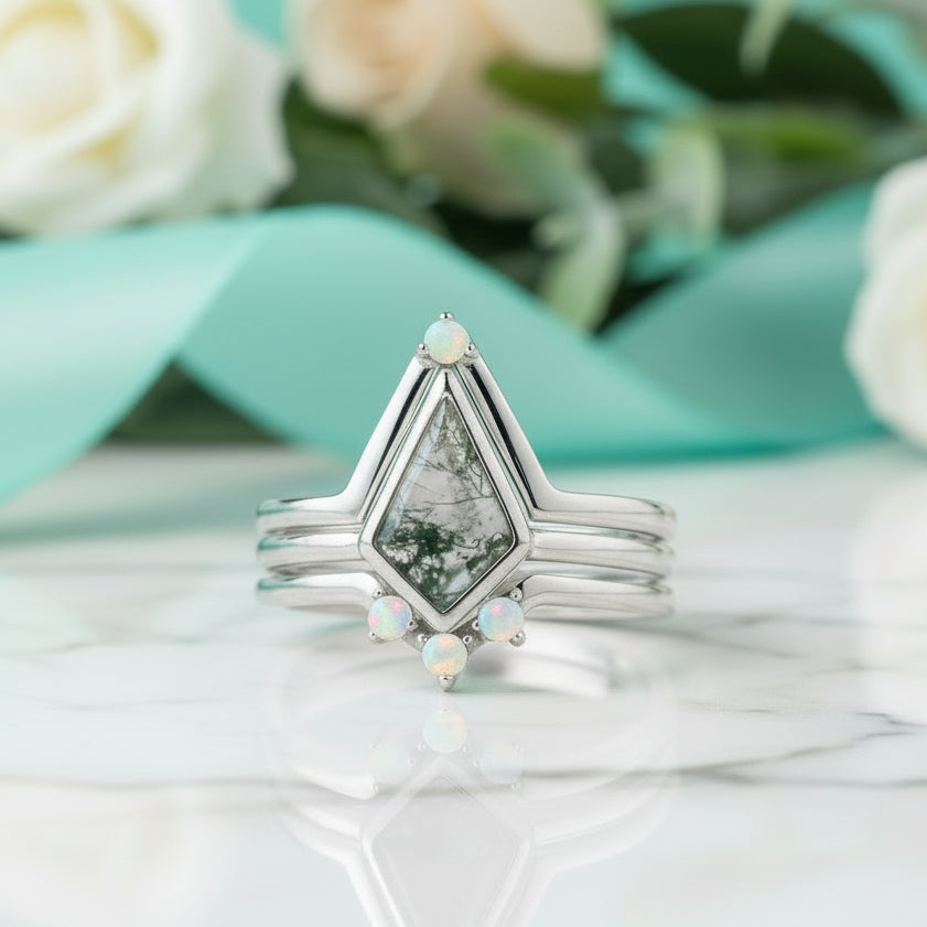 Whispers of Forever – Kite Shape Moss Agate & Opal Crown Promise Ring