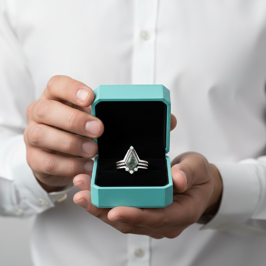 Whispers of Forever – Kite Shape Moss Agate & Opal Crown Promise Ring