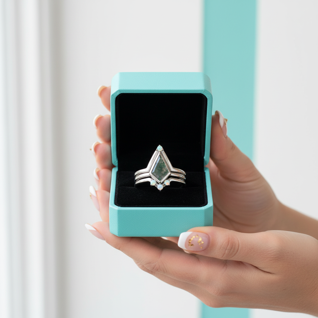 Whispers of Forever – Kite Shape Moss Agate & Opal Crown Promise Ring