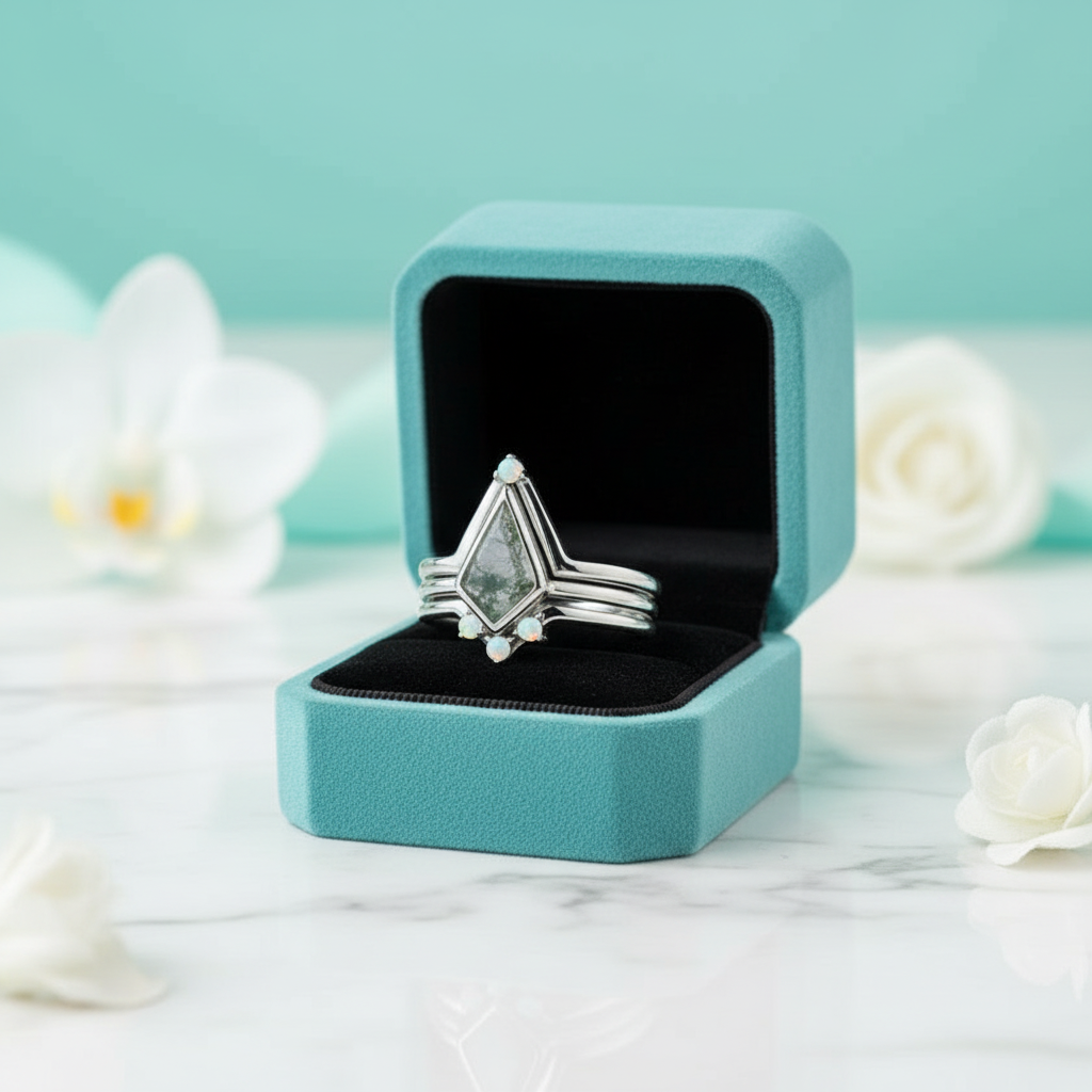 Whispers of Forever – Kite Shape Moss Agate & Opal Crown Promise Ring - Evani Naomi Jewelry