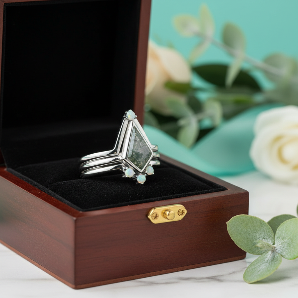 Whispers of Forever – Kite Shape Moss Agate & Opal Crown Promise Ring