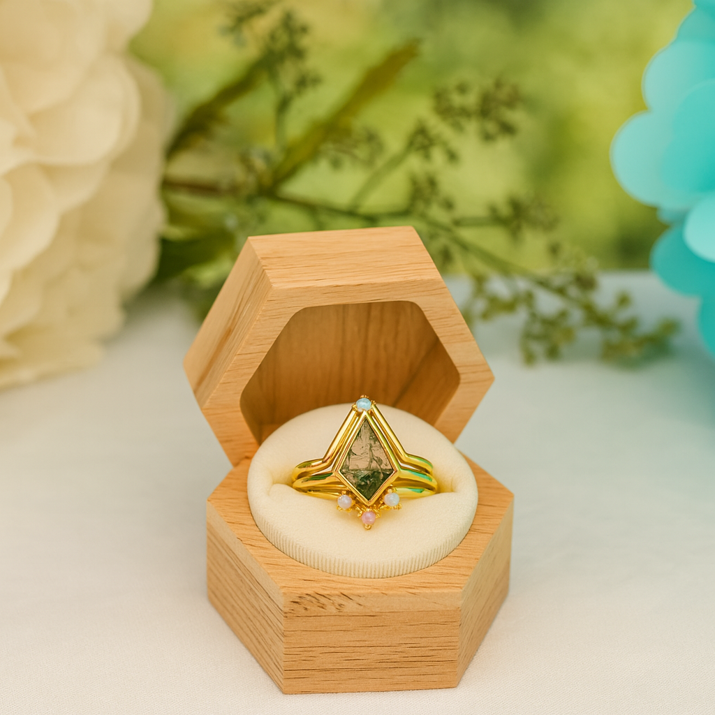 Whispers of Forever – Kite Shape Moss Agate & Opal Crown Promise Ring-Evani Jewelry