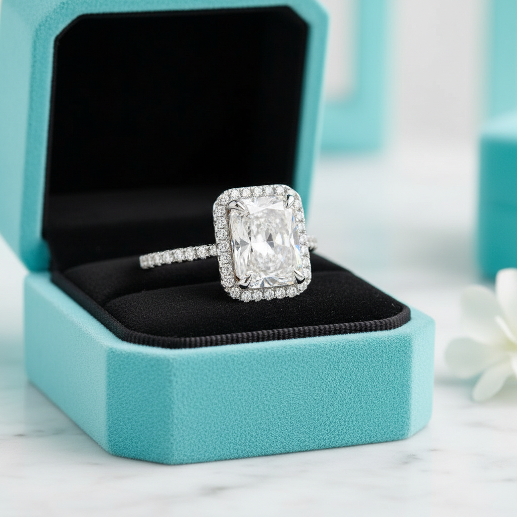 White Gold Halo Radiant Cut Diamond Engagement Ring-Evani Jewelry