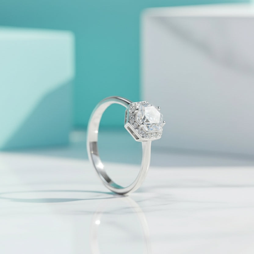 White Gold Hexagon Cut Diamond Engagement Ring-Evani Naomi Jewelry
