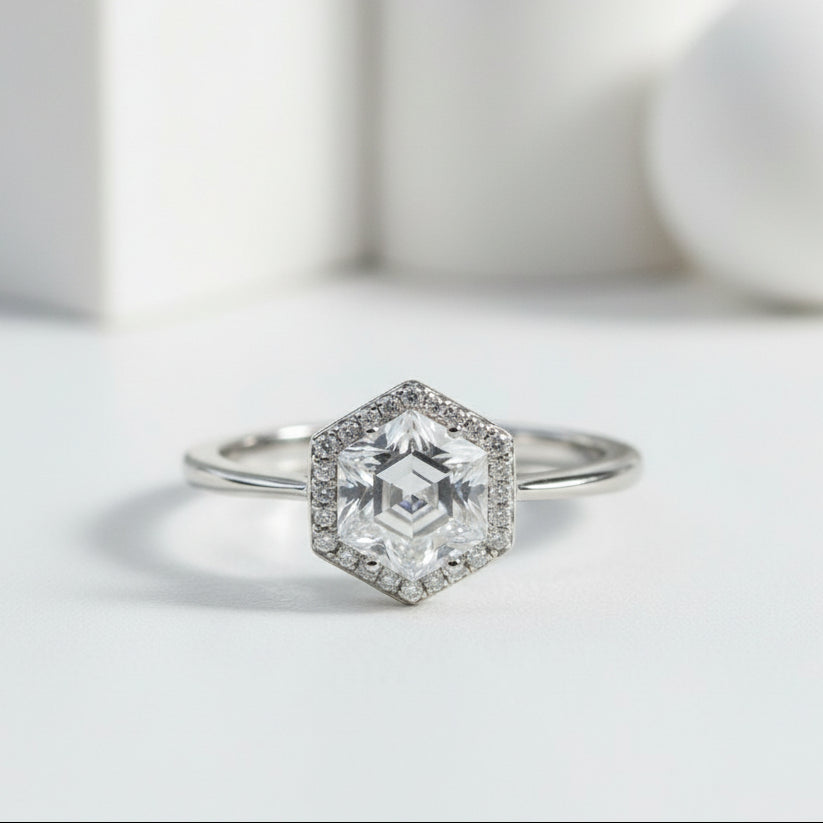 White Gold Hexagon Cut Diamond Engagement Ring-Evani Naomi Jewelry