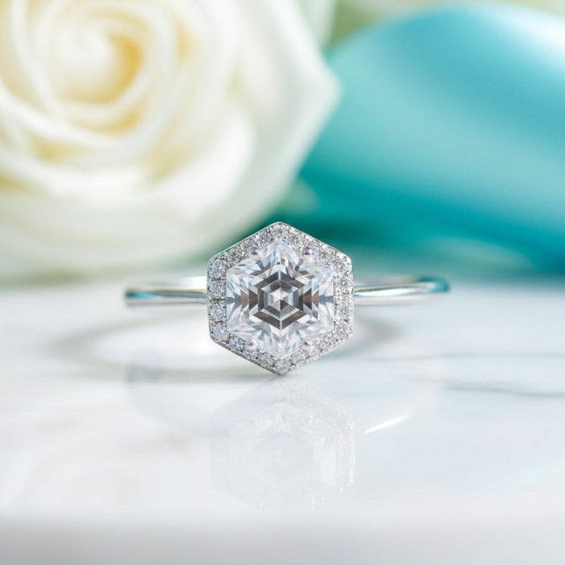White Gold Hexagon Cut Diamond Birthstone Engagement Ring-Evani Jewelry