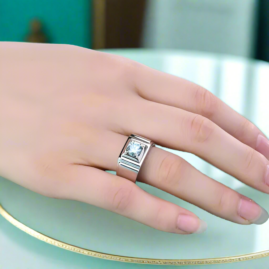 White Gold Men's Ring with 1.0ct Green Diamond-Evani Naomi Jewelry