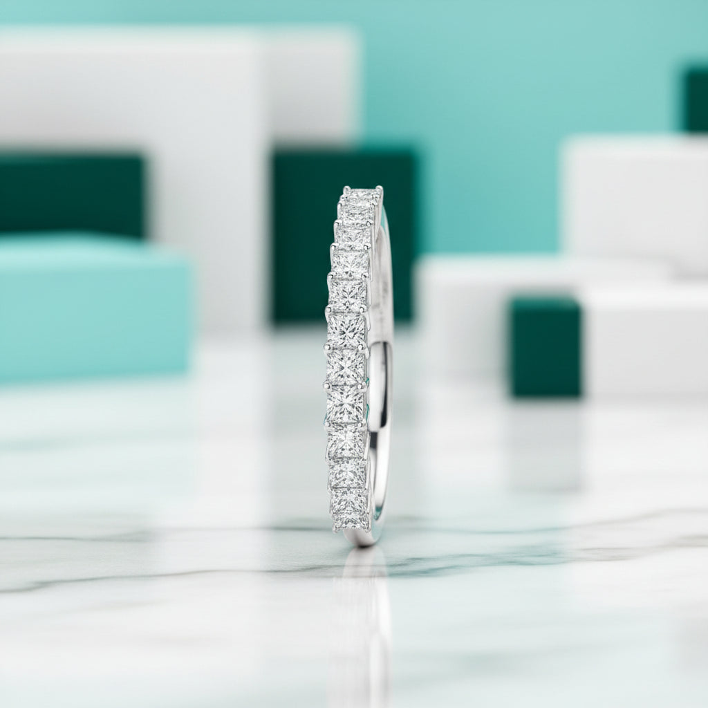 White Gold Wedding Band with Half Eternity Princess-Cut Diamond-Evani Jewelry