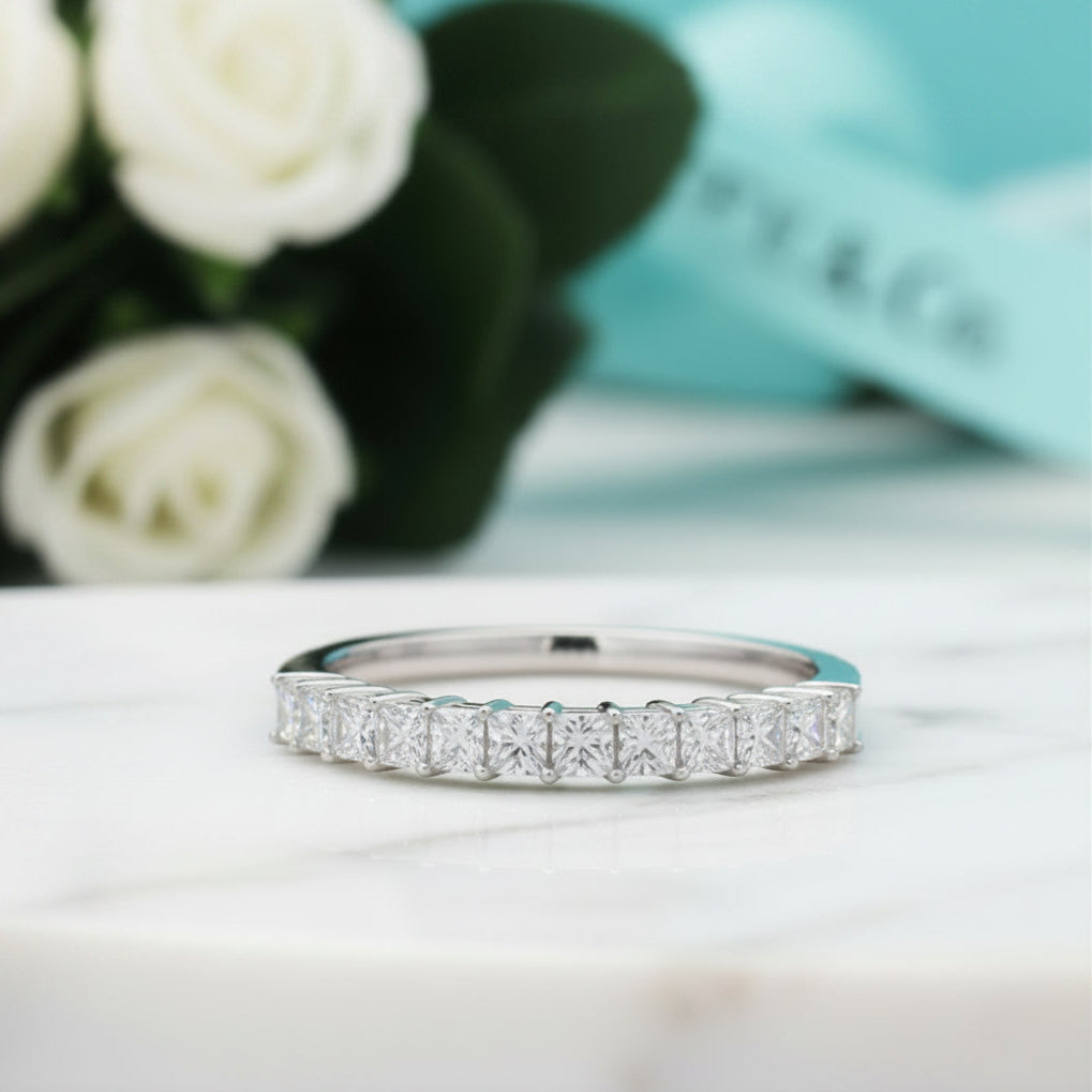 White Gold Wedding Band with Half Eternity Princess-Cut Diamond-Evani Jewelry