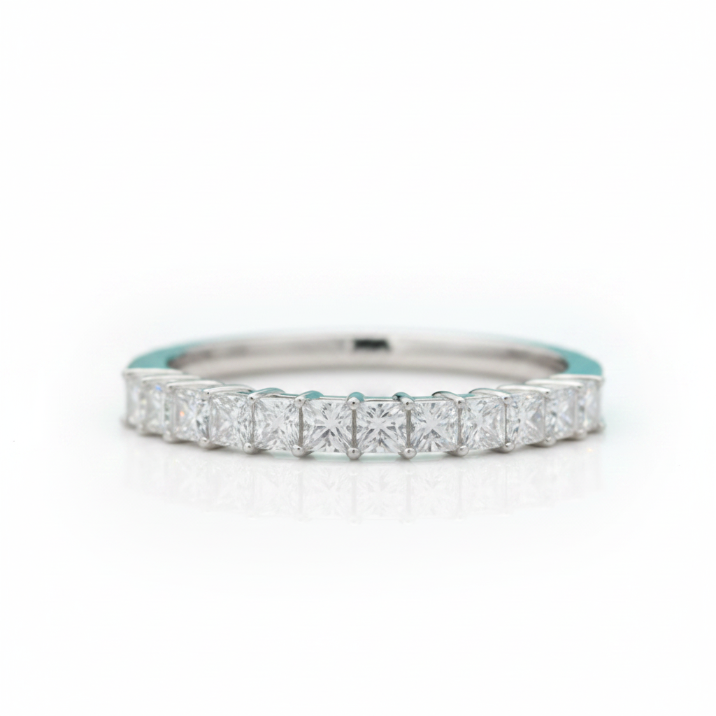 White Gold Wedding Band with Half Eternity Princess-Cut Diamond - Evani Naomi Jewelry