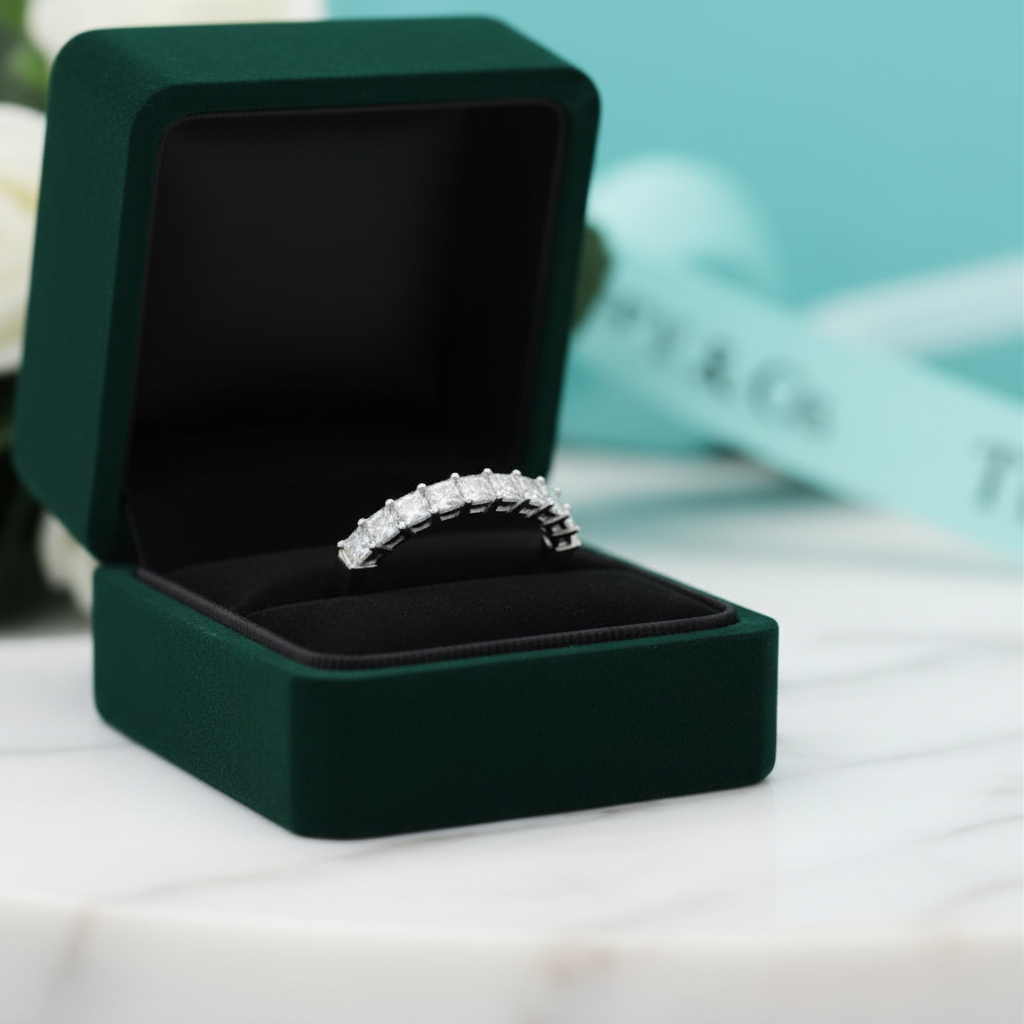 White Gold Wedding Band with Half Eternity Princess-Cut Diamond - Evani Naomi Jewelry