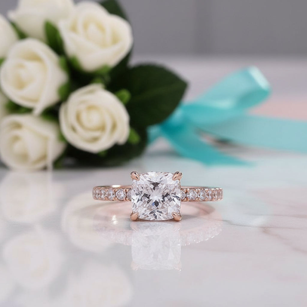 White Sapphire 1.5 ct Cushion-cut Diamond Rose Gold Engagement Ring-Evani Jewelry