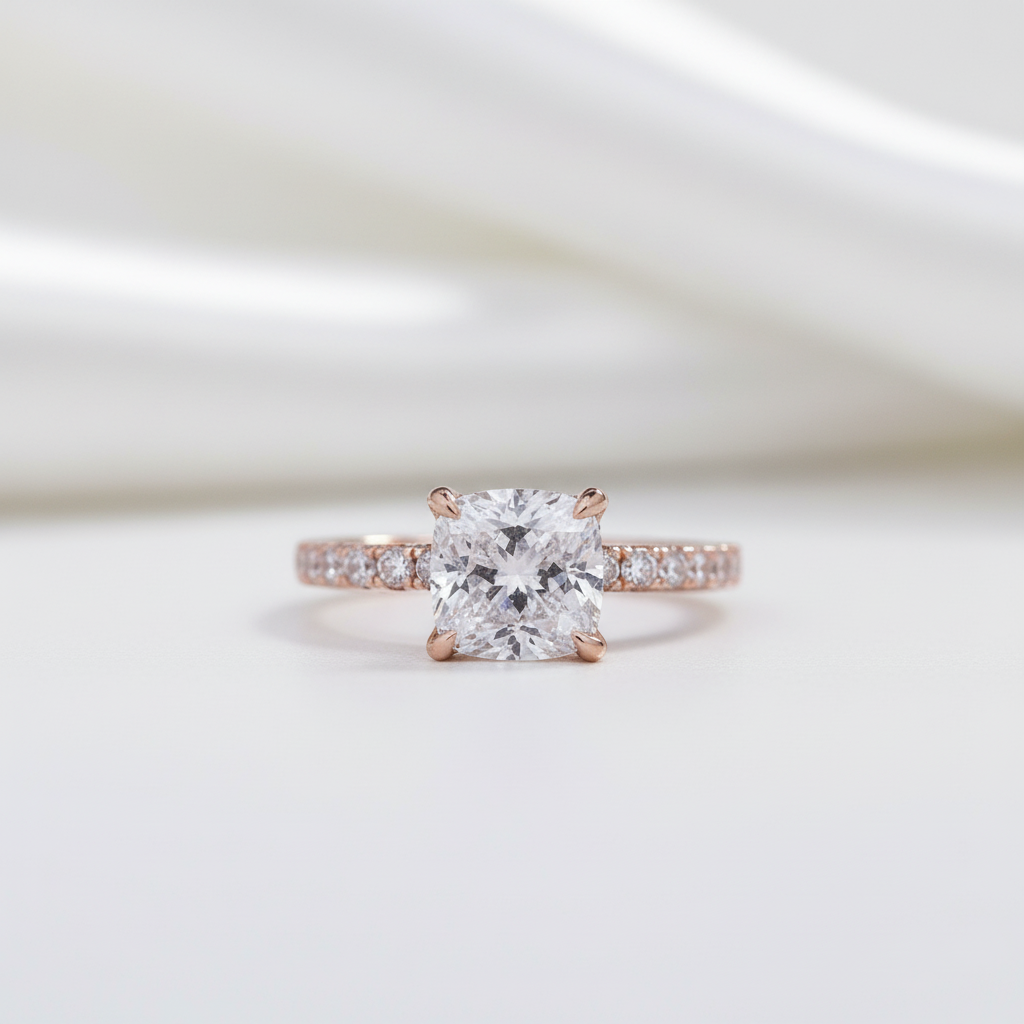 White Sapphire 1.5 ct Cushion-cut Diamond Option Rose Gold Engagement Ring - Evani Naomi Jewelry