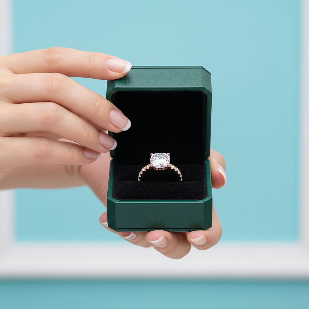 White Sapphire 1.5 ct Cushion-cut Diamond Option Rose Gold Engagement Ring - Evani Naomi Jewelry