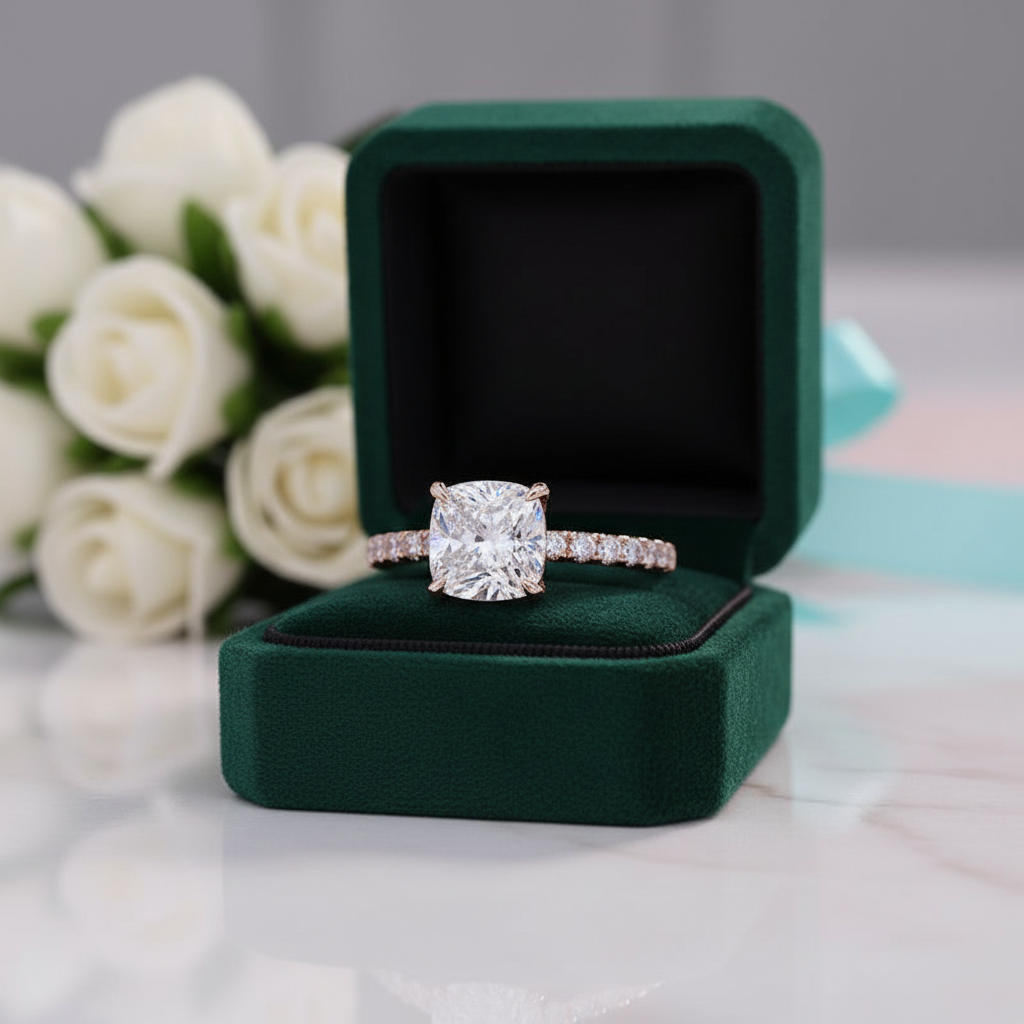 White Sapphire 1.5 ct Cushion-cut Diamond Option Rose Gold Engagement Ring - Evani Naomi Jewelry
