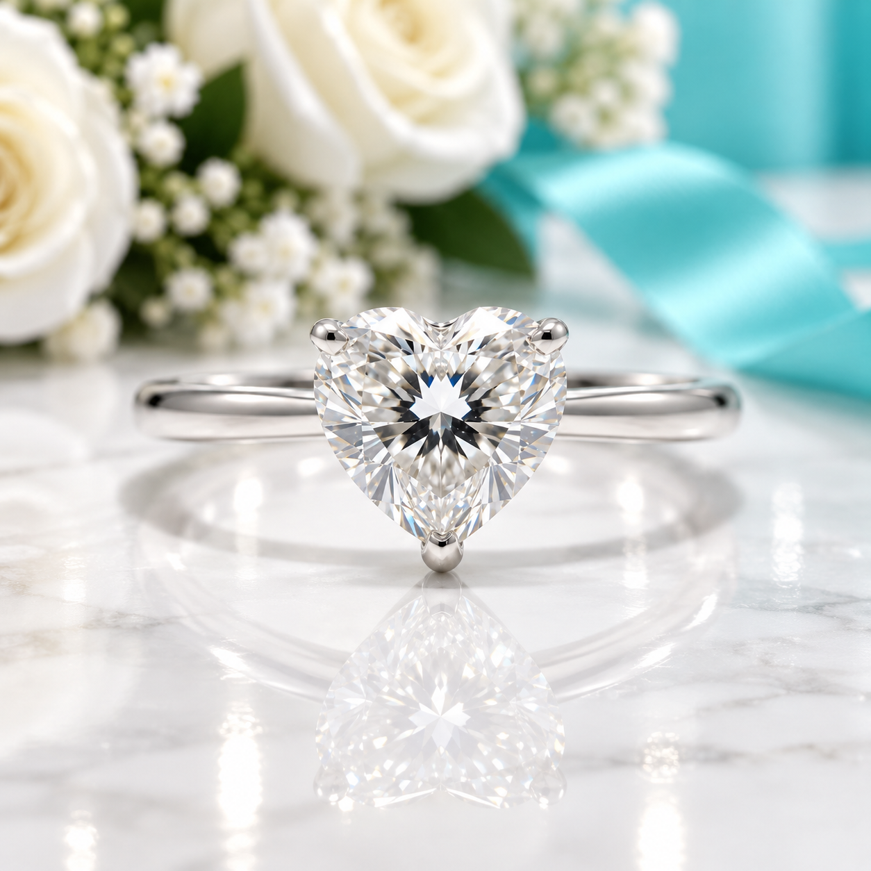 A heart-shaped diamond solitaire ring in a silver-toned setting, resting on a white marble surface with a soft reflection. In the background, white roses, baby's breath, and a light blue ribbon are visible.