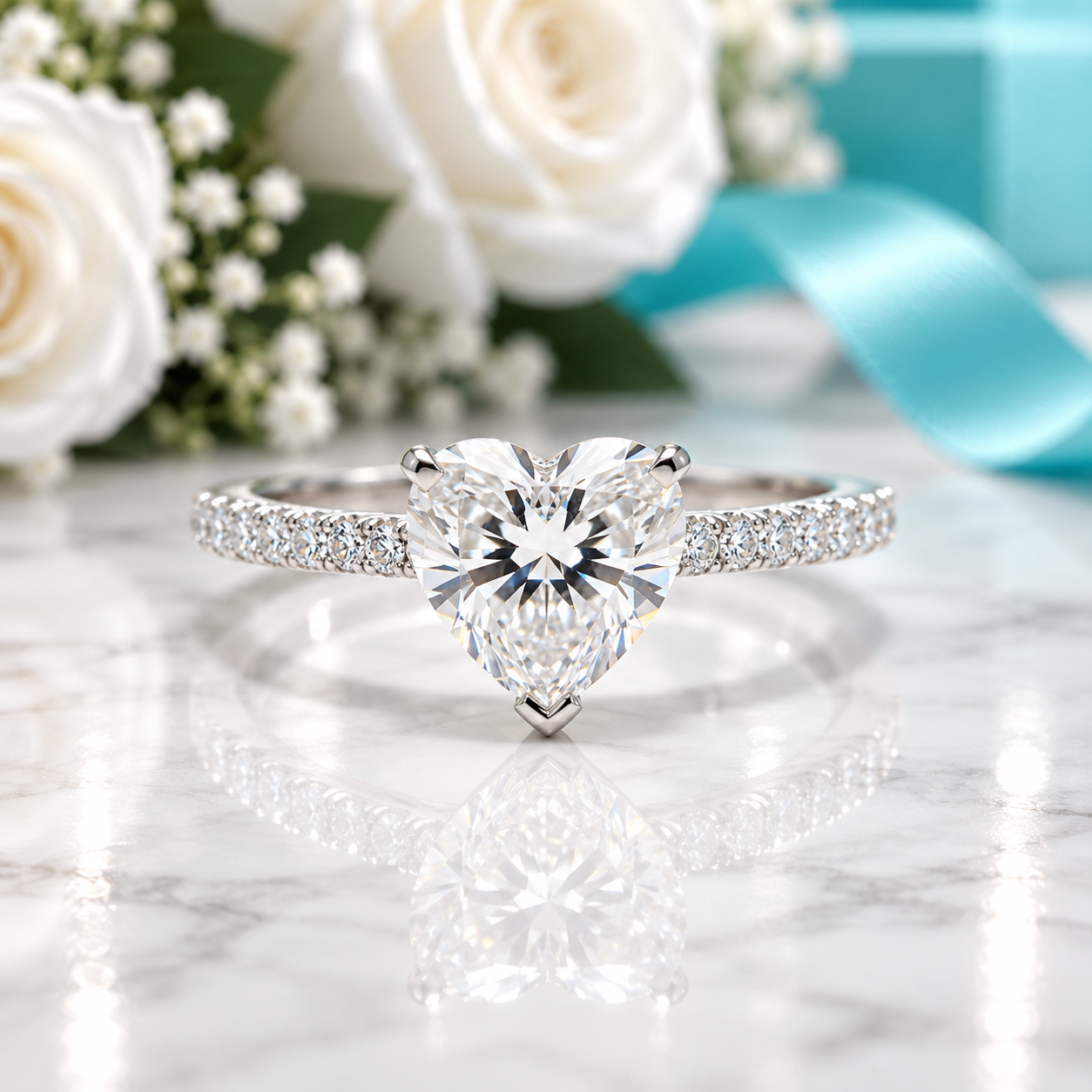 A heart-shaped diamond solitaire ring with a pavé band, displayed on a white marble surface with a reflection. The background features soft-focus white roses, baby's breath, and a turquoise ribbon.