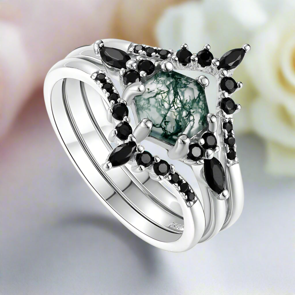 Wild and Forever Intertwined- Hexagon Shape Moss Agate Wedding Rings-Evani Naomi Jewelry