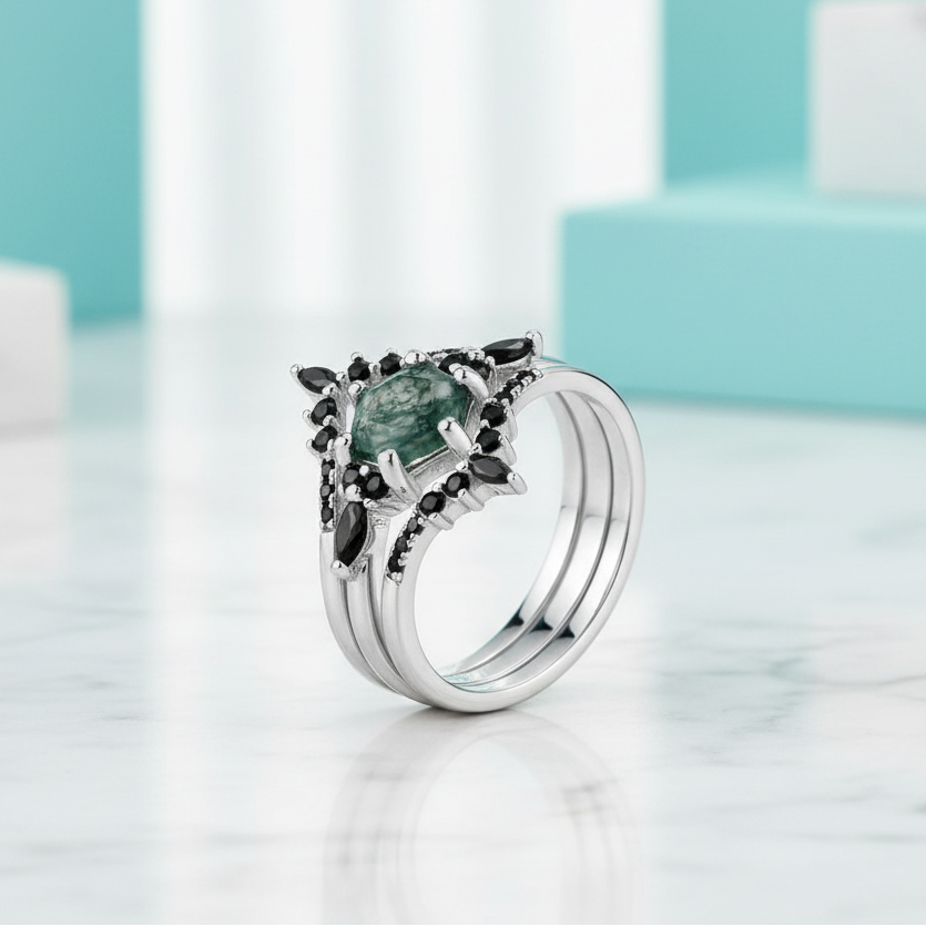 Wild and Forever Intertwined- Hexagon Shape Moss Agate Wedding Rings-Evani Jewelry