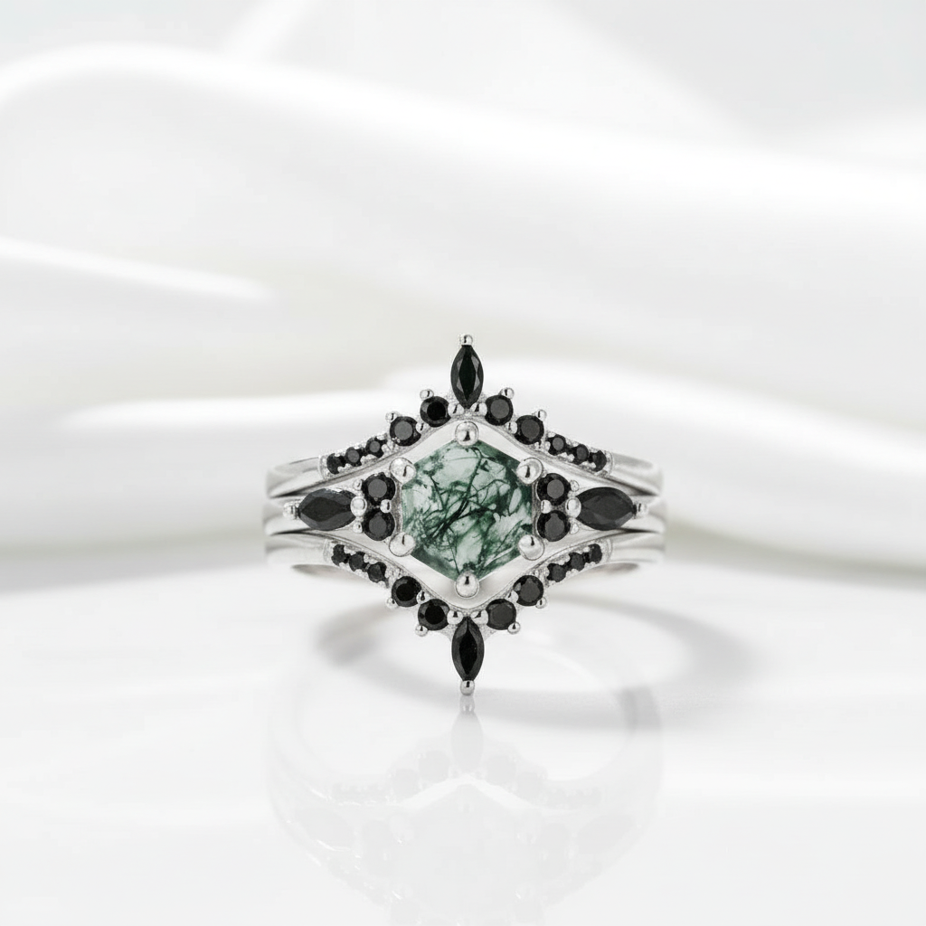 Wild and Forever Intertwined- Hexagon Shape Moss Agate Wedding Rings