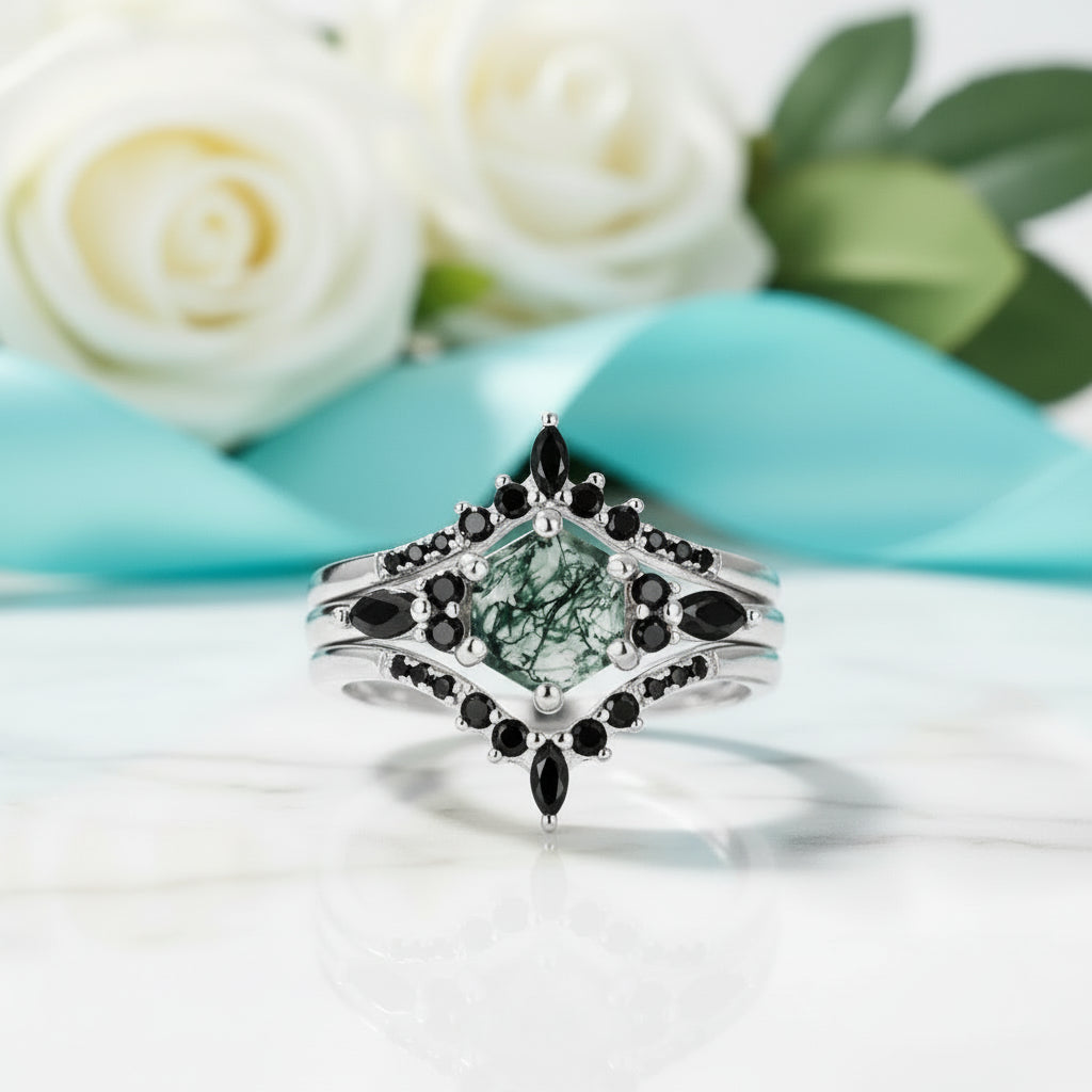 Wild and Forever Intertwined- Hexagon Shape Moss Agate Wedding Rings