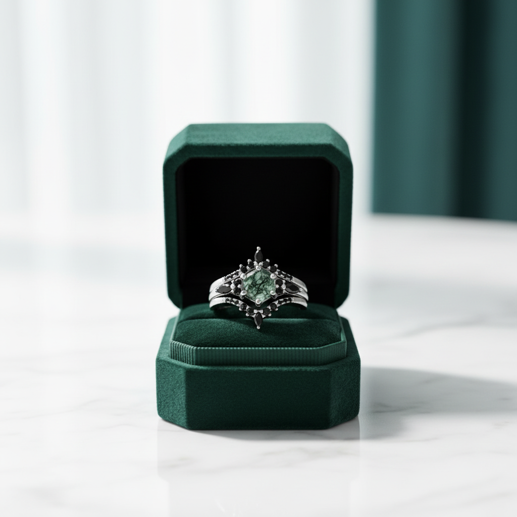 Wild and Forever Intertwined- Hexagon Shape Moss Agate Wedding Rings