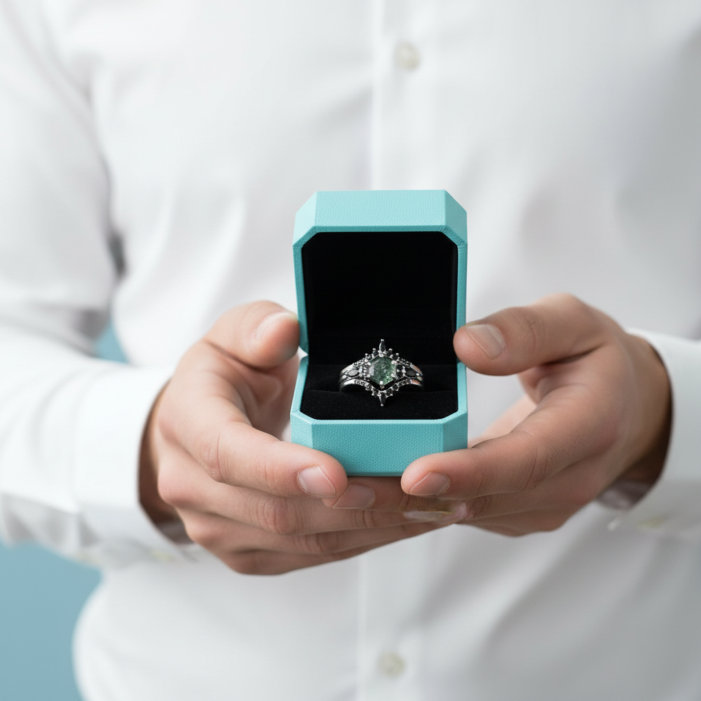 Wild and Forever Intertwined- Hexagon Shape Moss Agate Wedding Rings