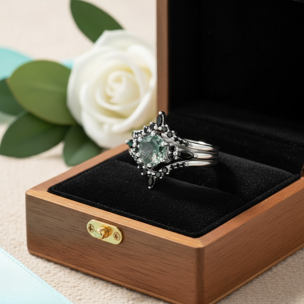 Wild and Forever Intertwined- Hexagon Shape Moss Agate Wedding Rings