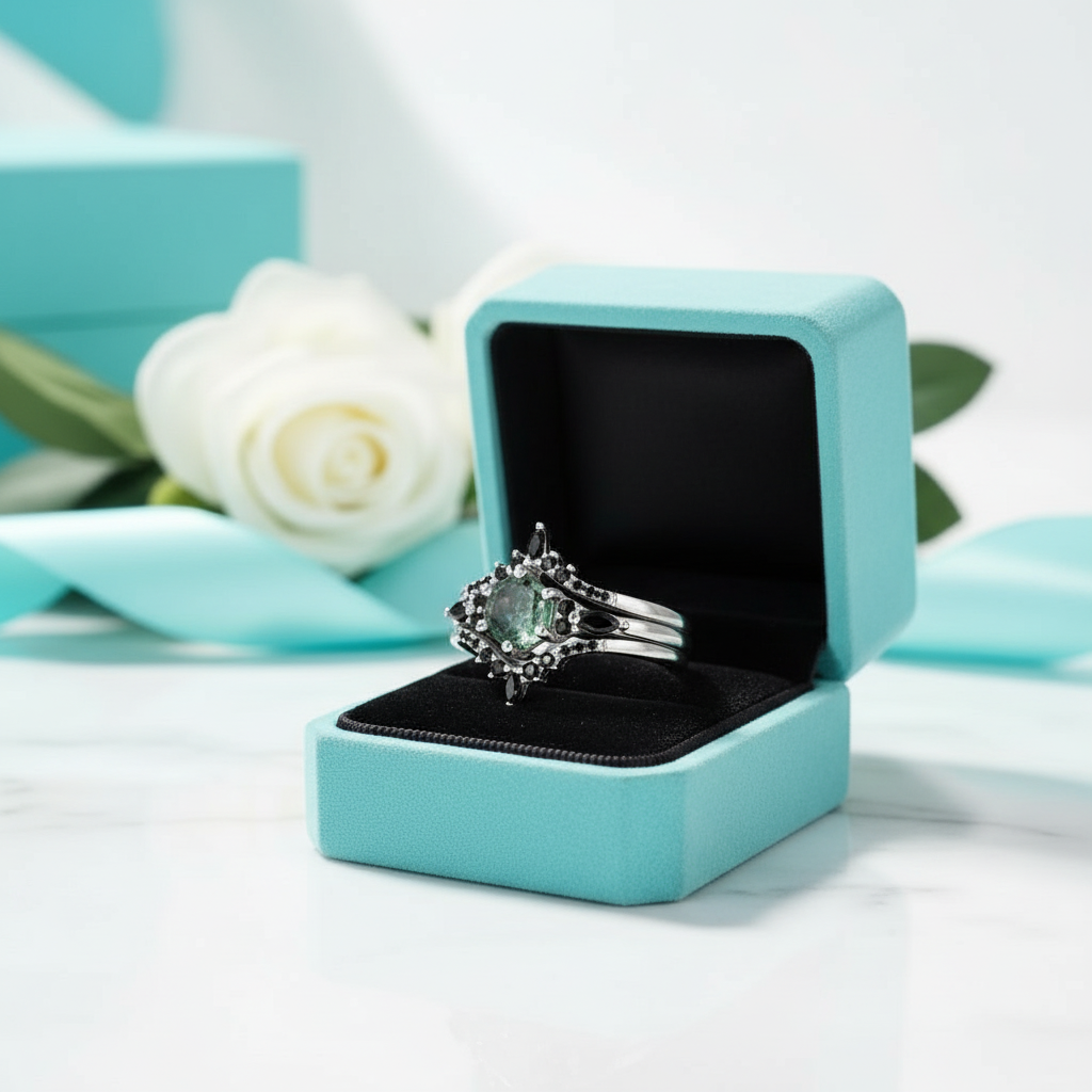 Wild and Forever Intertwined- Hexagon Shape Moss Agate Wedding Rings - Evani Naomi Jewelry