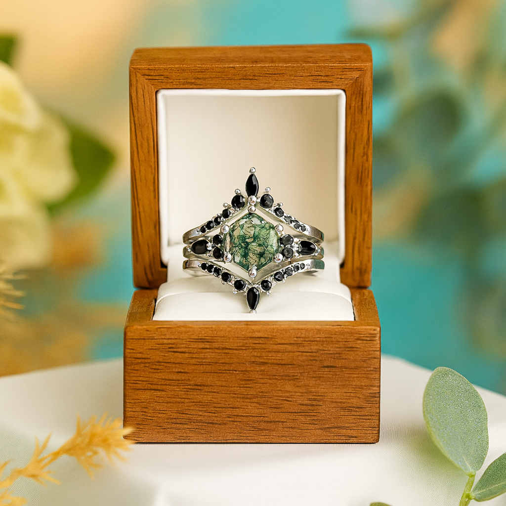 Wild and Forever Intertwined- Hexagon Shape Moss Agate Wedding Rings-Evani Naomi Jewelry
