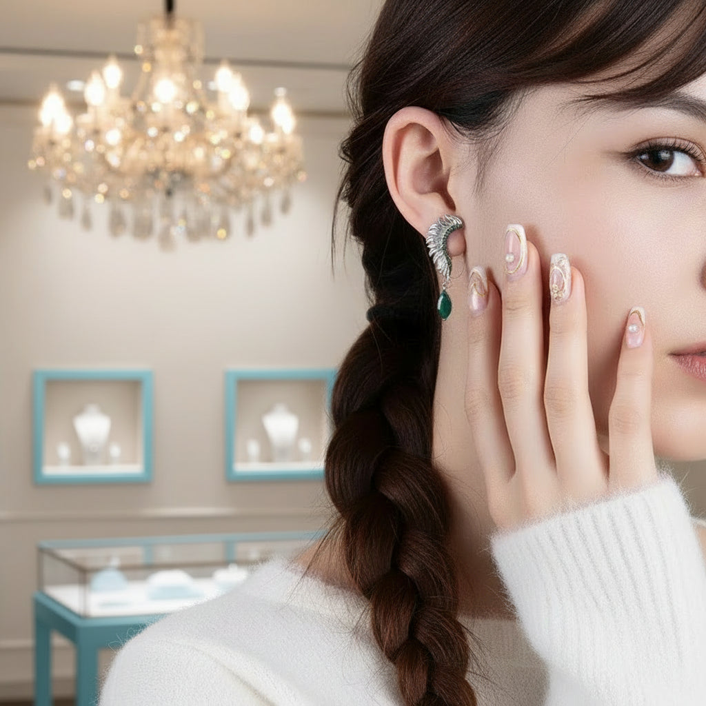 Wings of Forever- Angel Wings Feather Natural Moss Agate Earrings-Evani Jewelry