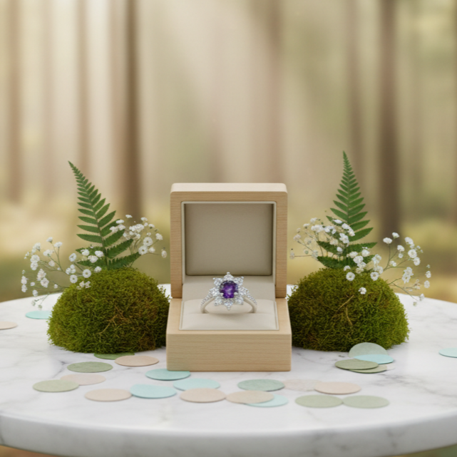 Wooden box with a ring on a marble table in a forest setting
