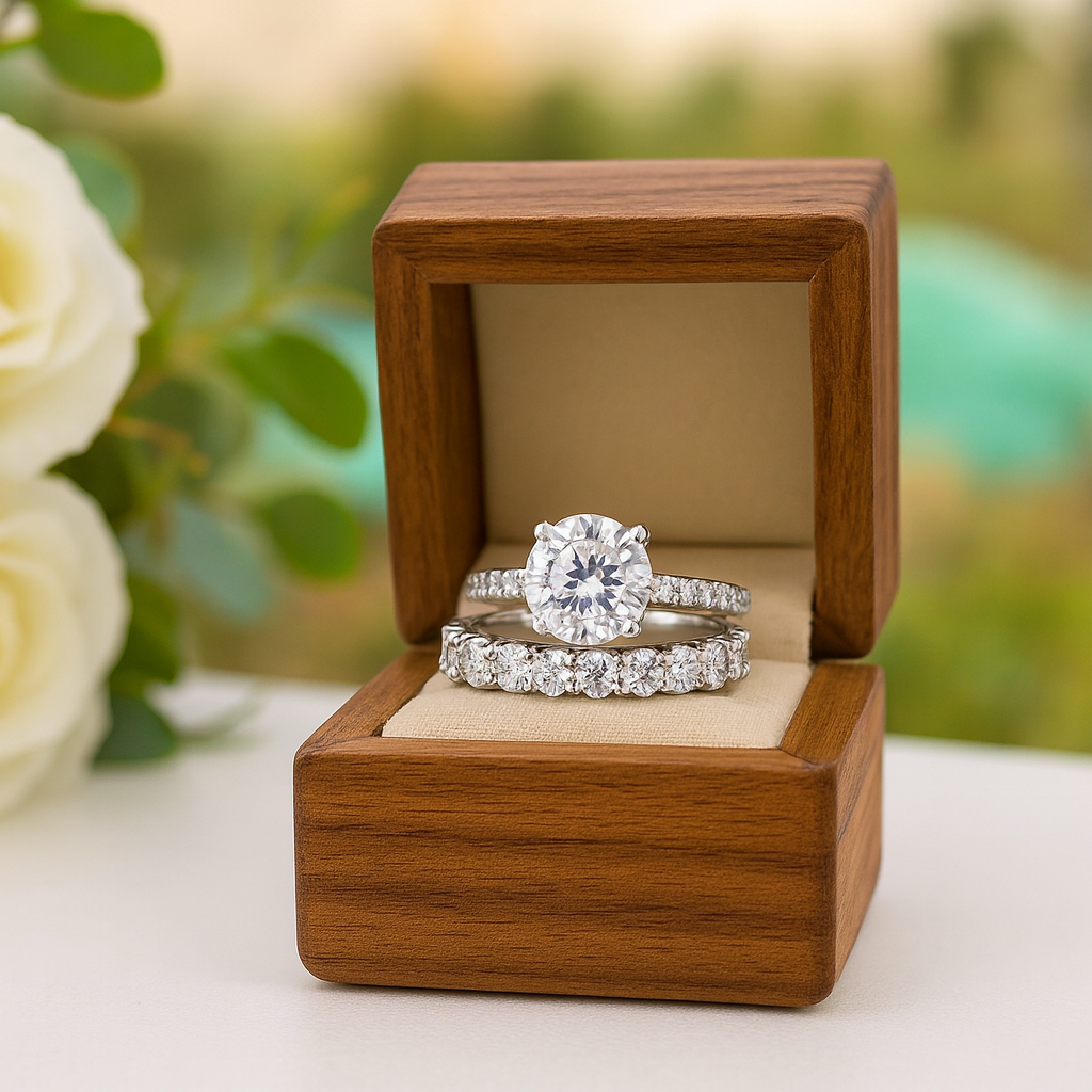 Wooden box with two diamond rings on a white surface with blurred greenery in the background