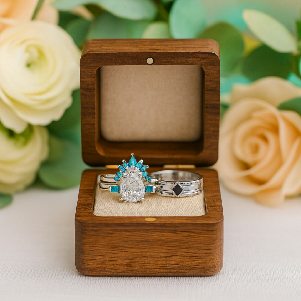 Wooden box with two rings inside, surrounded by flowers