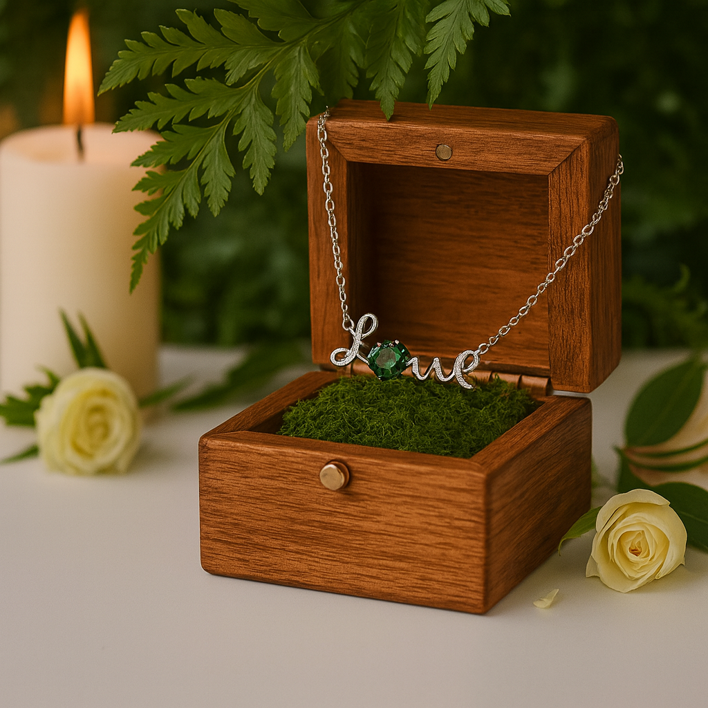 Wooden jewelry box with 'Love' necklace on a decorative background with candles and flowers.