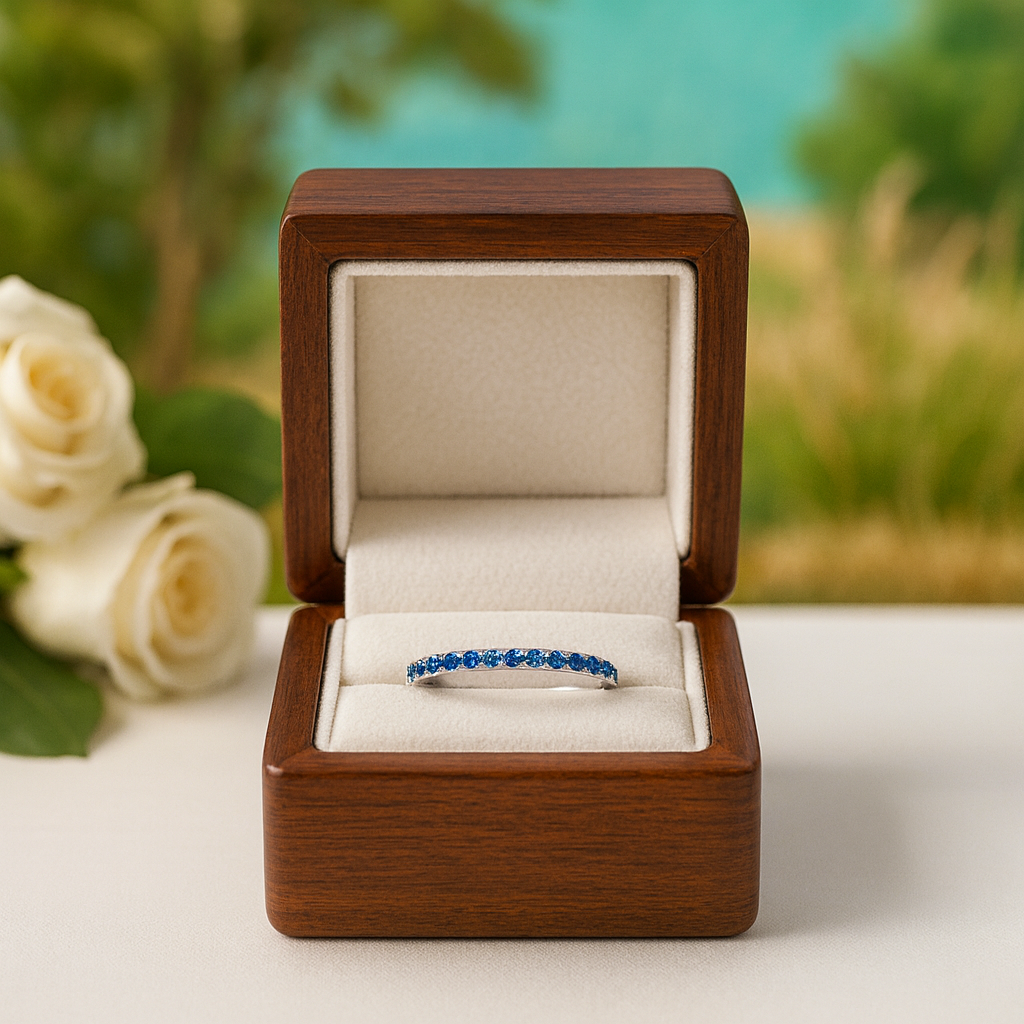 Wooden jewelry box with a blue ring inside, surrounded by white roses and greenery.