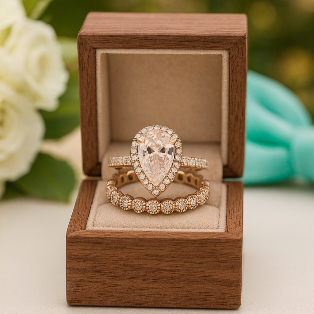 Wooden jewelry box with a diamond ring inside, flowers in the background