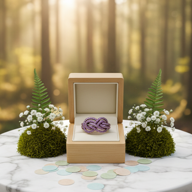 Wooden jewelry box with a purple brooch on a marble table in a forest setting