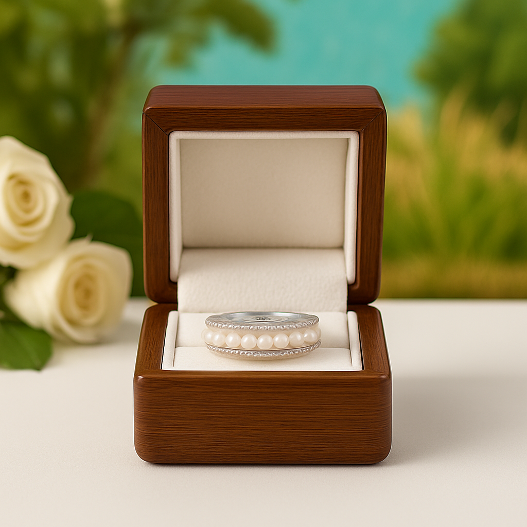 Wooden jewelry box with a ring inside, surrounded by white roses on a blurred natural background