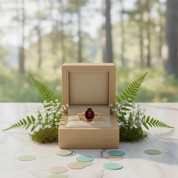 Wooden jewelry box with a ring on a wooden surface with ferns and flowers, forest in the background