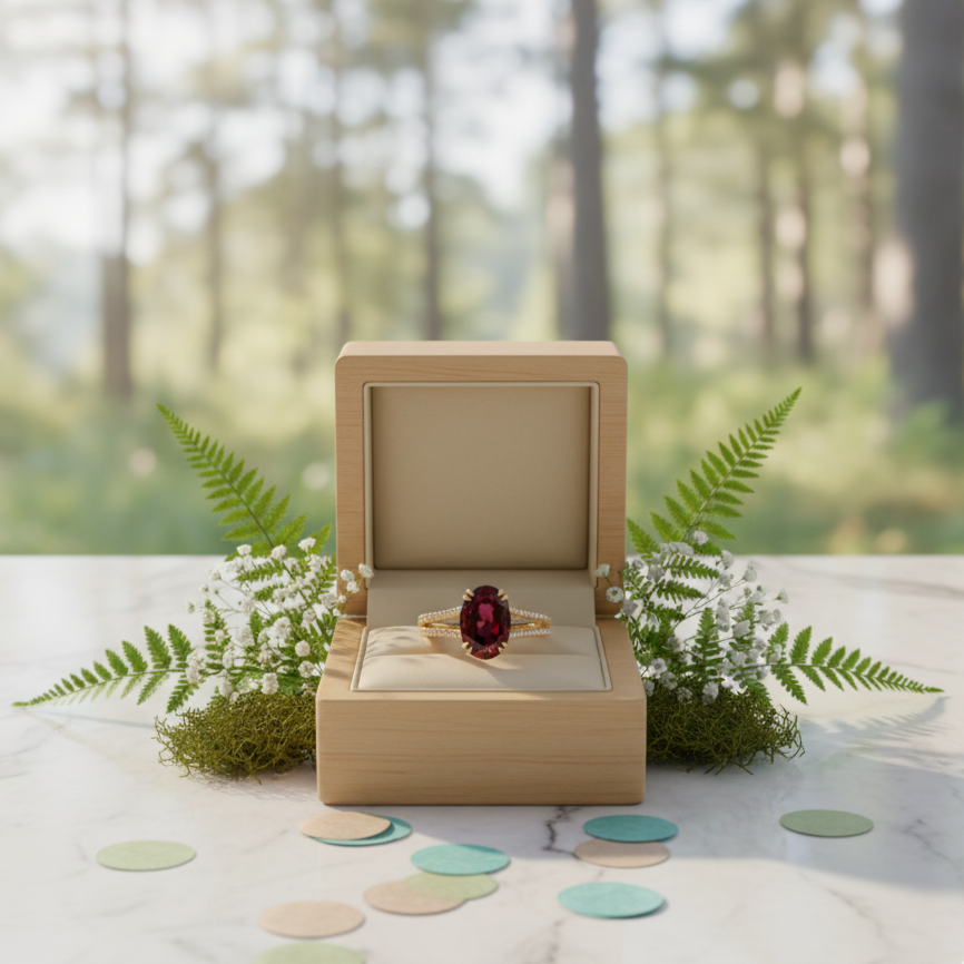 Wooden jewelry box with a ring on a wooden surface with ferns and flowers, forest in the background